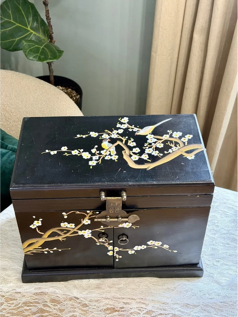 Vintage Chinese Lacquer Jewelry Box Hand Painted Birds Red Brocade